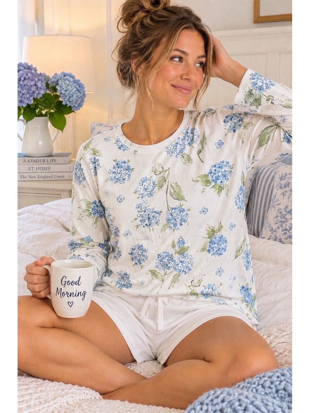 Kiel James Patrick Cozy Cabin Pajama Top Women L Hydrangea Pima Cotton KJP